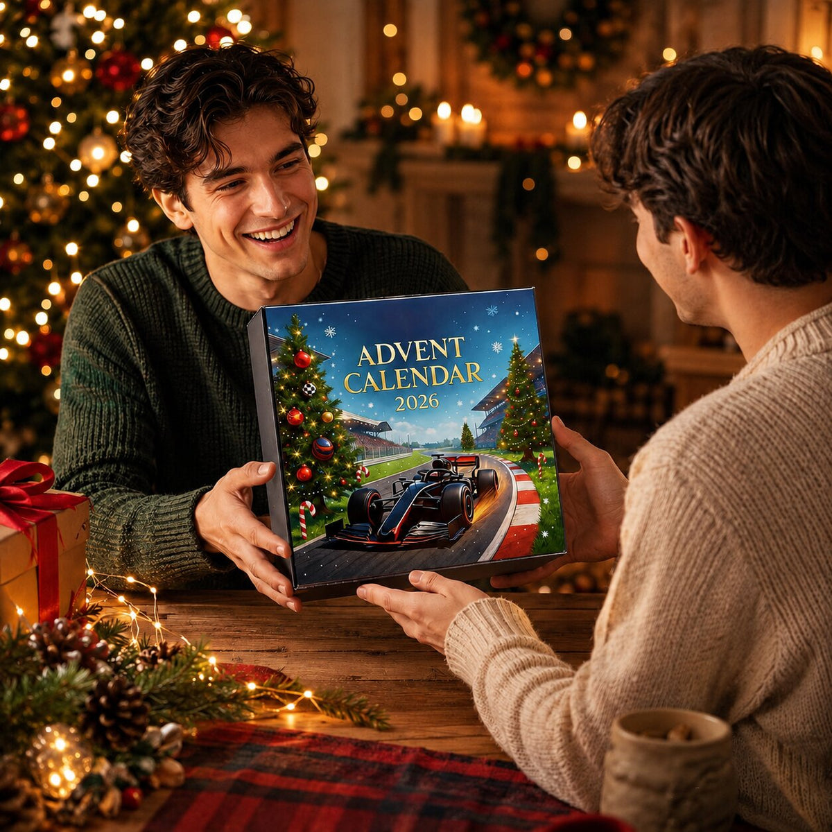 Man in a green jumper smiling as he hands the advent calendar box to another person across a festive wooden table. 7