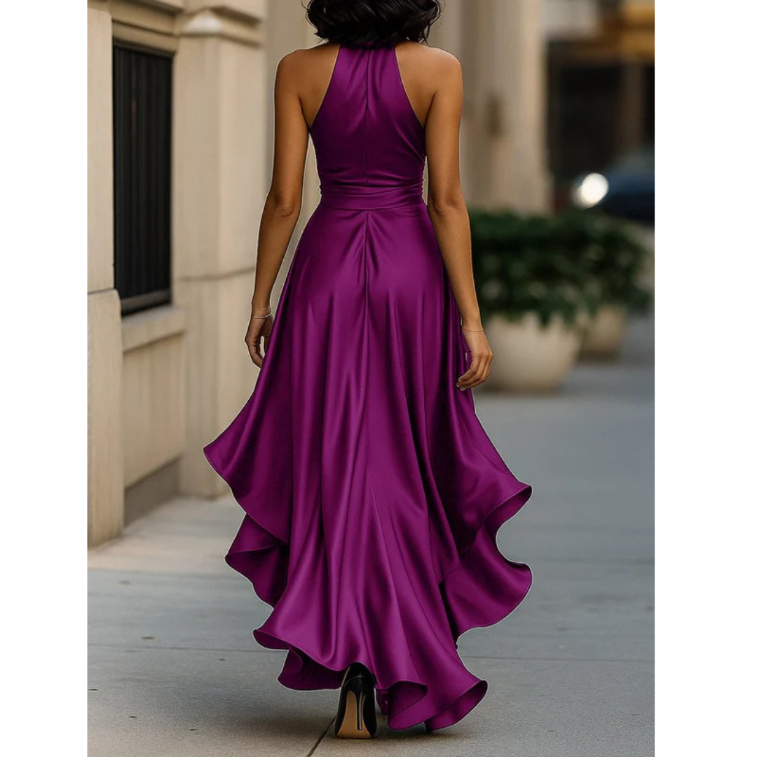 Back view on a model of the purple satin halter dress, showing the waist seam and wide cascading hem. 13
