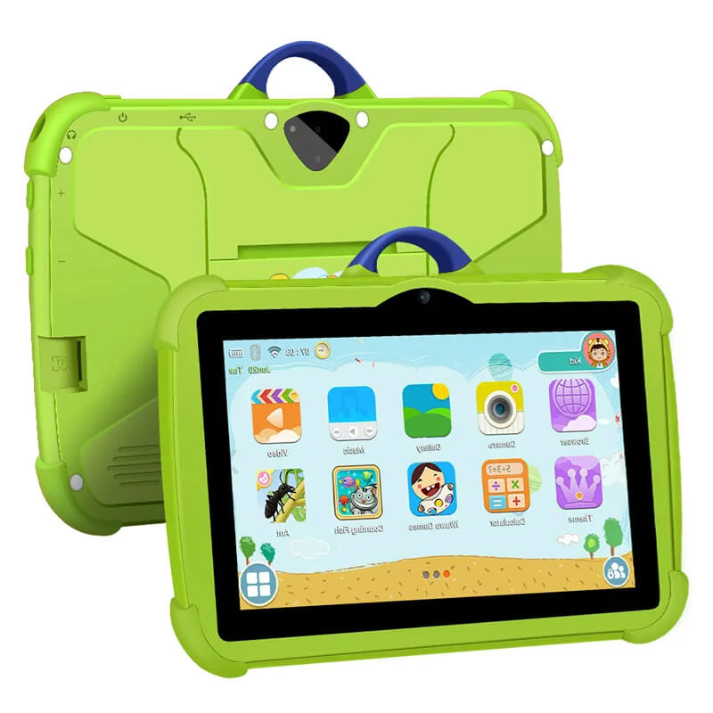 Green tablet seen from the back and front, with the blue carry handle and app screen 11