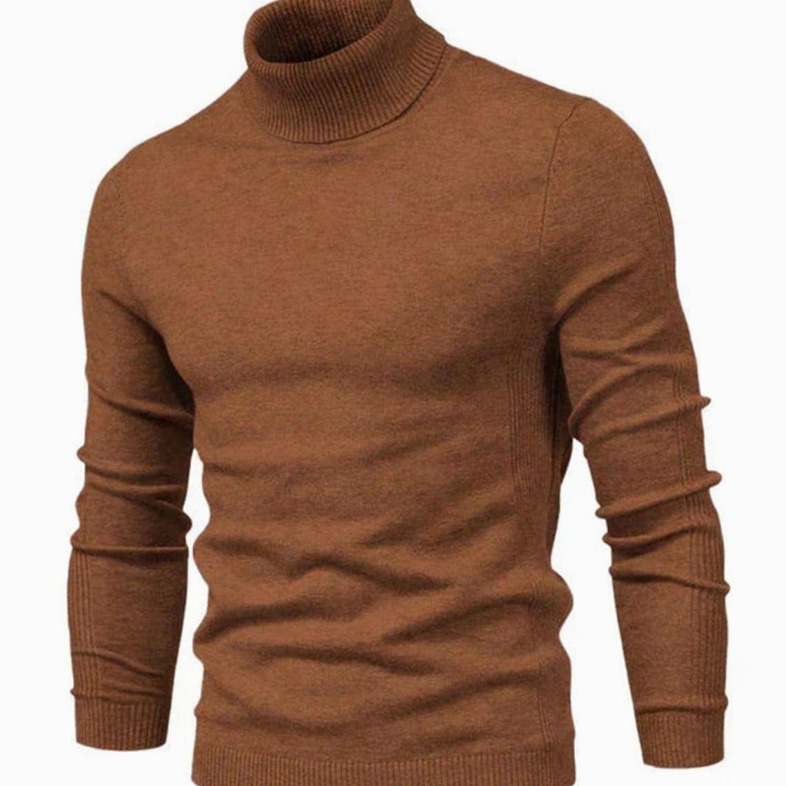 Front view of the slim fit turtleneck jumper in rust brown, with ribbed collar and cuffs 8