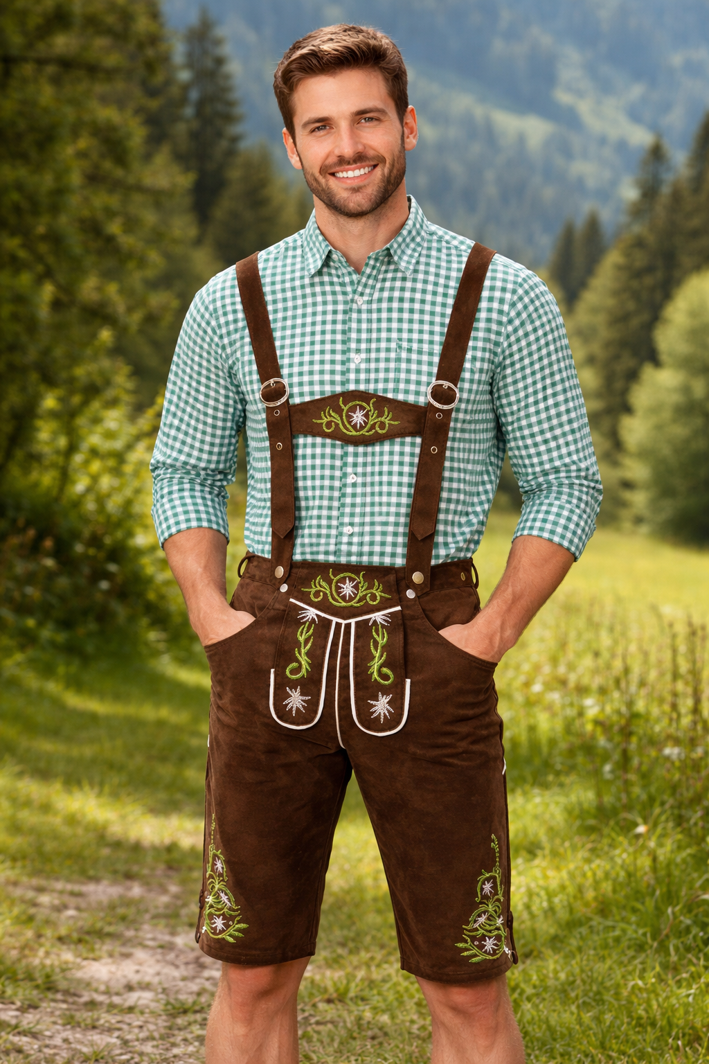 Same brown embroidered lederhosen and green gingham shirt worn outdoors, with the man standing on a grassy path before wooded hills. 2