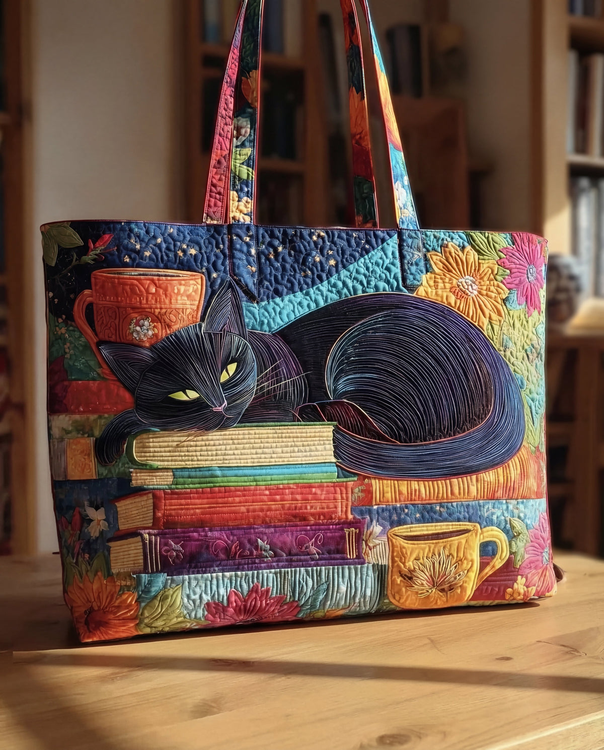 Quilted Tote Bag "Black Cat with Books and Teacups" 1