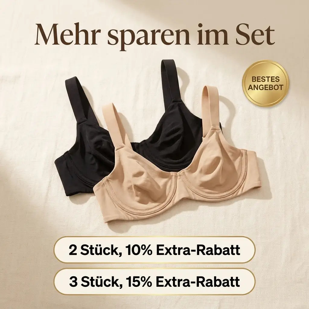 Black and nude bras laid flat on a cream sheet, with a best-offer badge and multi-buy discount labels. 16