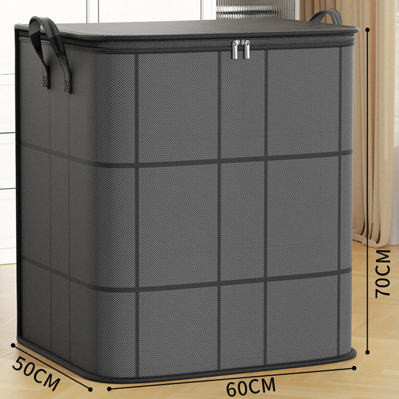 Extra large dark grey storage bag with grid lines, closed on a wooden floor, with its three dimensions marked beside it. 15