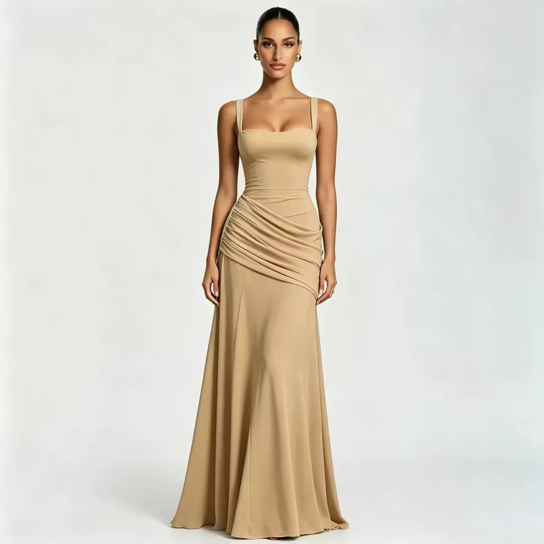 Women's Maxi Dress with Square Neckline and Side Draping 21