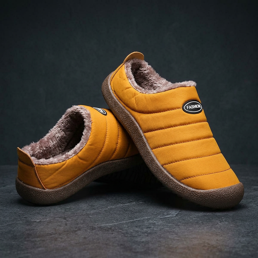 Pair of mustard yellow quilted slippers with plush lining, stacked against a dark background 20