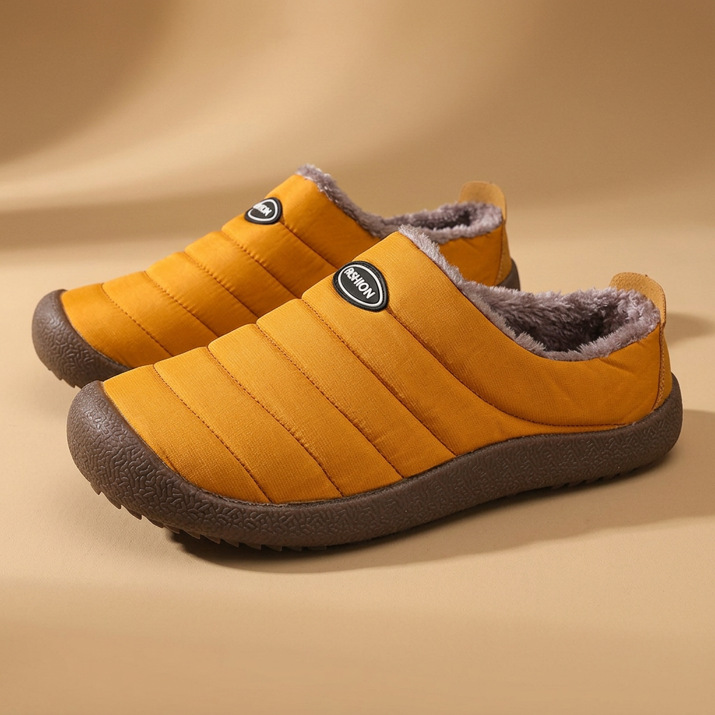 Pair of mustard orange quilted slippers with grey fleece lining on a tan backdrop 20