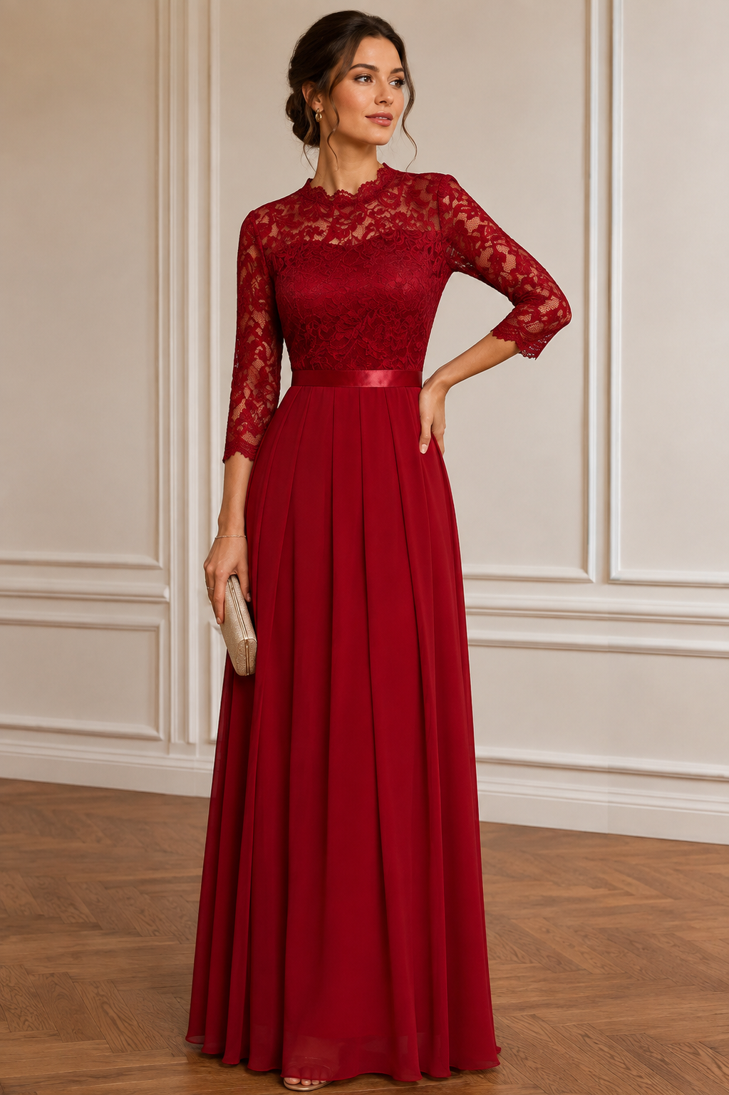 Model with hair pinned up in the red lace-topped maxi dress, one hand on her hip 4