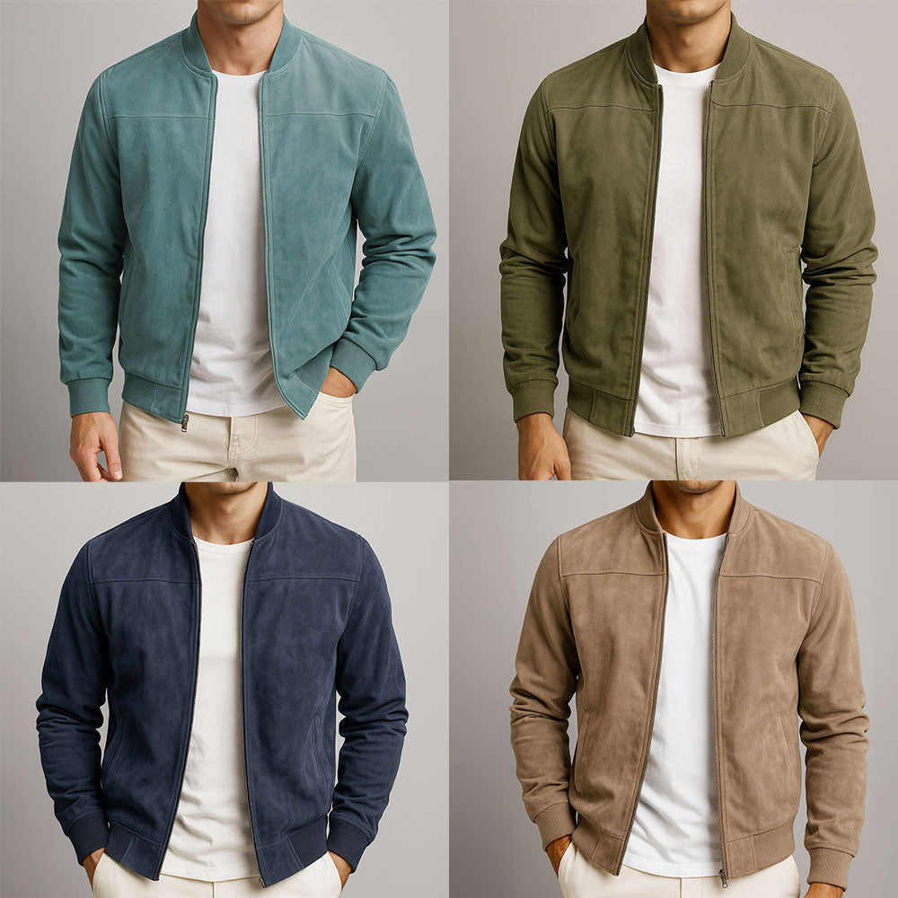 Four-panel collage of models wearing the jacket in teal, olive green, navy and tan to compare the colour options. 8