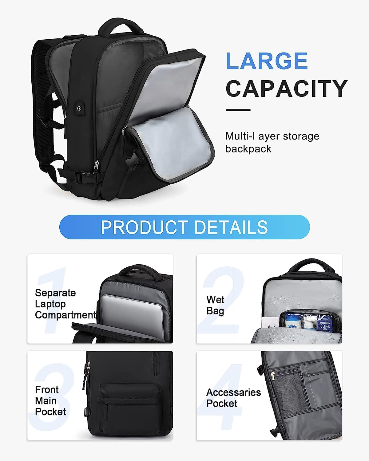 Waterproof travel rucksack with shoe compartment and USB port – suitable for 14-inch laptop