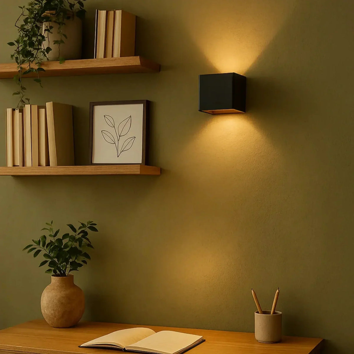 Black cube light on an olive green wall above a desk, with shelves, books and plants 9
