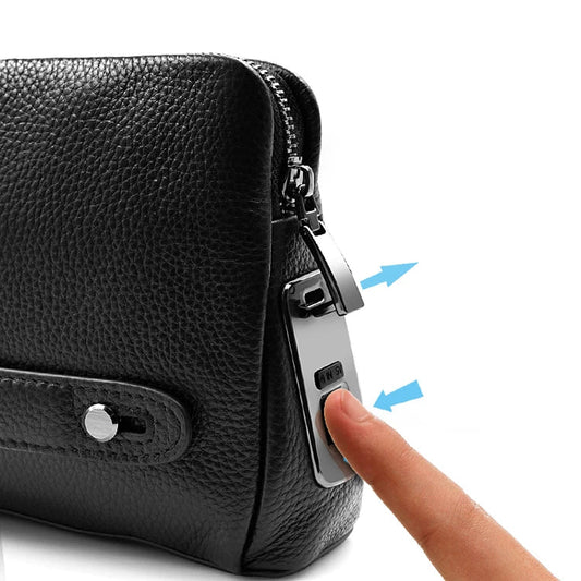 Men's leather anti-theft clutch with fingerprint lock – black-blue