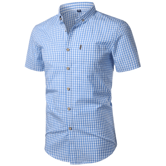 Three-quarter angled front view of the light blue gingham shirt, showing the wooden-look buttons and chest pocket. 2