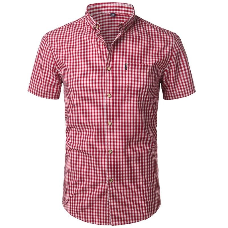 Flat front view of the red and white gingham shirt, with short sleeves, buttoned placket and chest pocket. 16