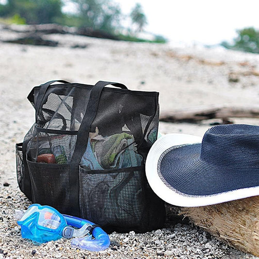 Foldable mesh beach bag with 9 compartments for family days out.