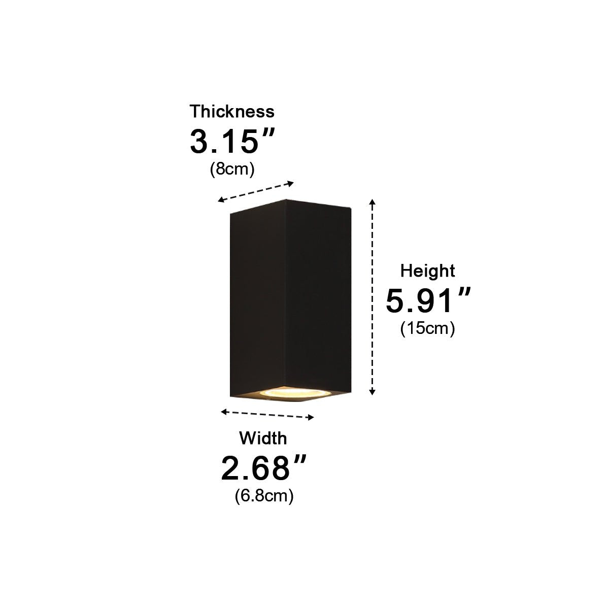 Dimensions diagram of the taller double-light black wall lamp, showing its height, width and thickness 16
