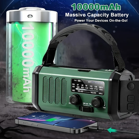 Green radio beside a large green battery graphic, charging a phone with a USB cable 2