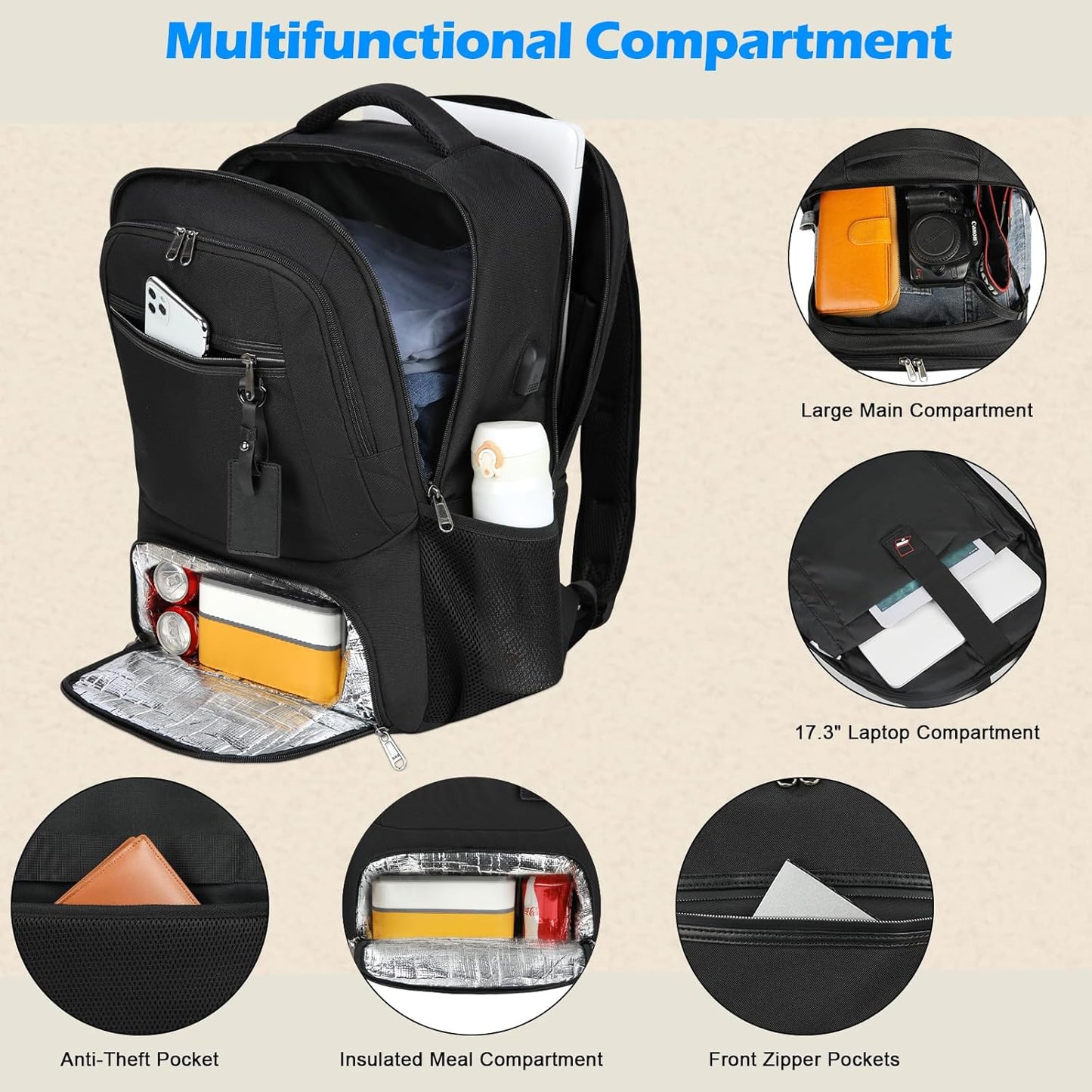 Waterproof laptop and lunch rucksack with USB port – multi-compartment travel bag