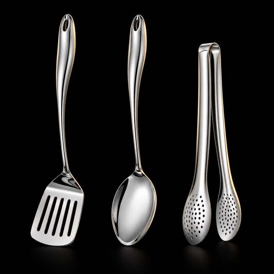 Three-piece set in polished silver on a black background: slotted turner, solid serving spoon and perforated tongs, all with curved handles. 2