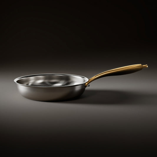 Side view of the frying pan resting flat, showing its low polished steel wall and the long brushed gold handle. 2