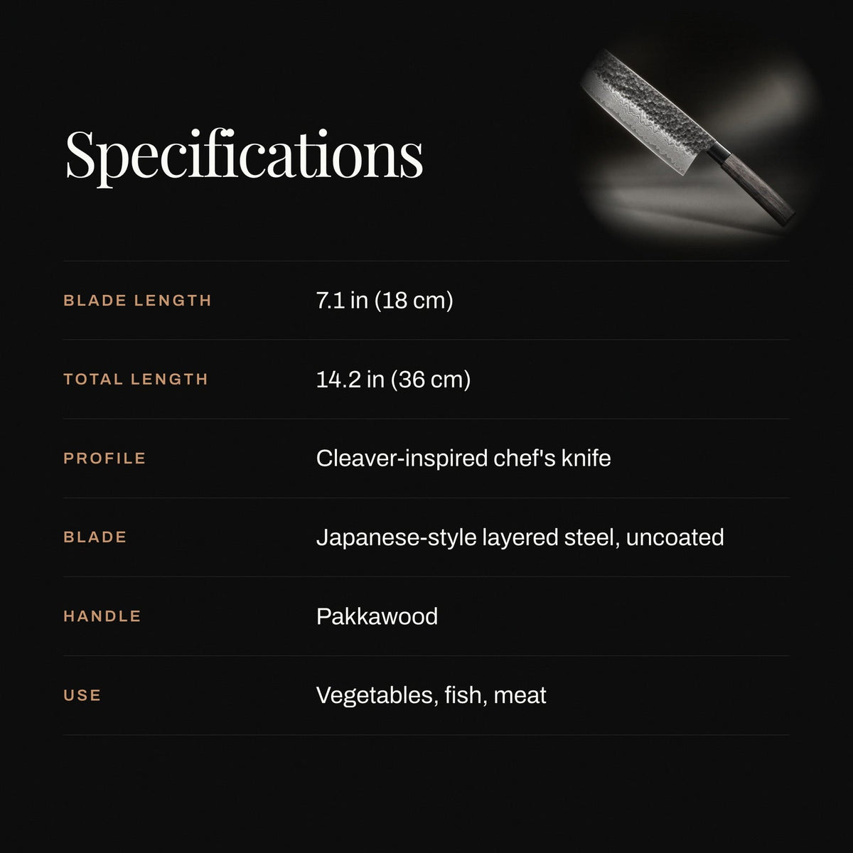 Dark specifications graphic with a small picture of the knife and a table listing blade and total length, profile, steel, handle wood and uses. 4