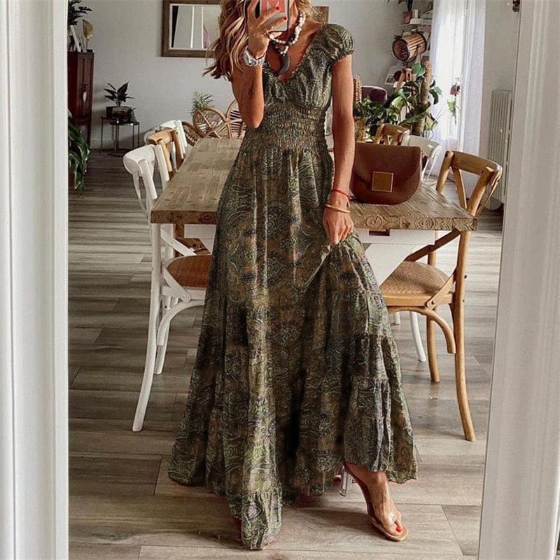 Airy women's maxi dress with ethnic print & V-neck – Nayeli
