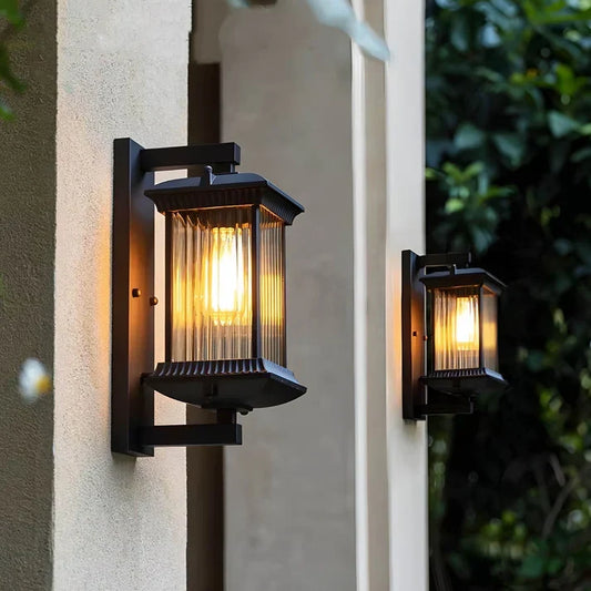 Classic Lantern-Style Outdoor Wall Light with Fluted Glass Panels 2