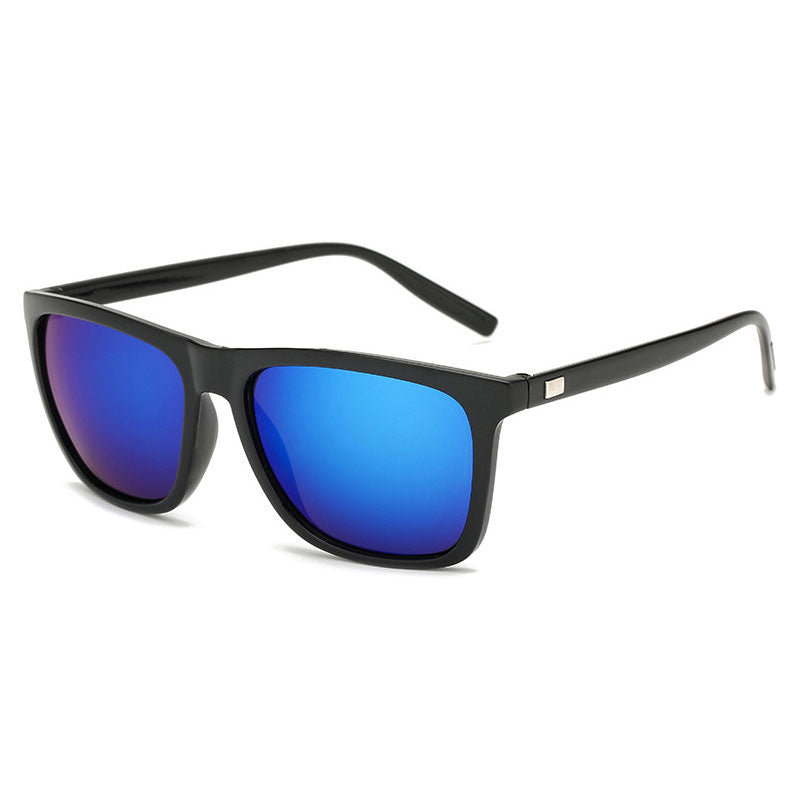 Angled view of black-framed sunglasses with blue mirrored lenses and a metal plate on the arm 15