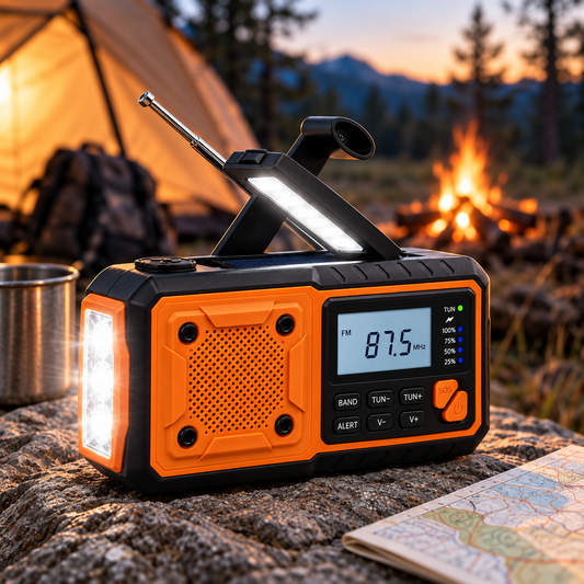 Orange radio on a rock at a campsite at dusk, torch lit, near tent and fire 2