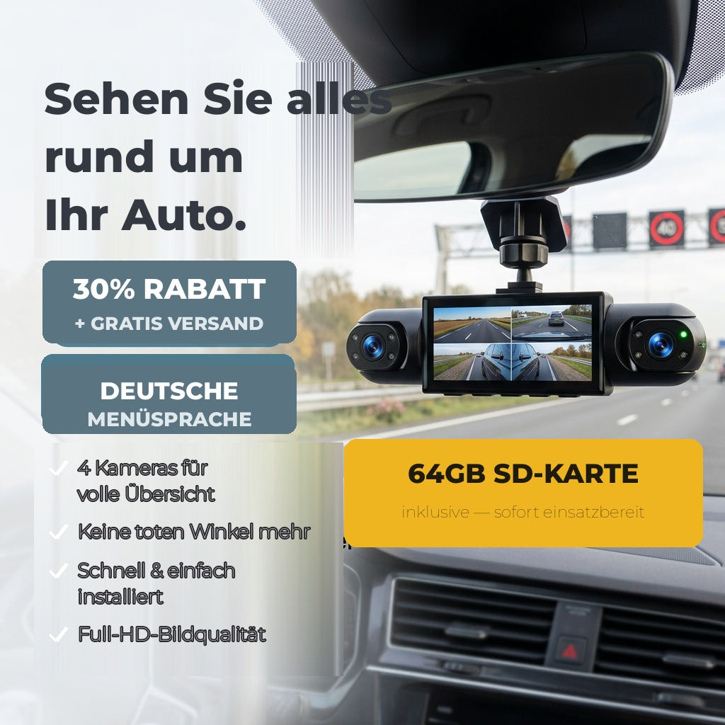 Dash cam with split-screen display mounted below the rear-view mirror, with a badge showing a memory card is included. 7
