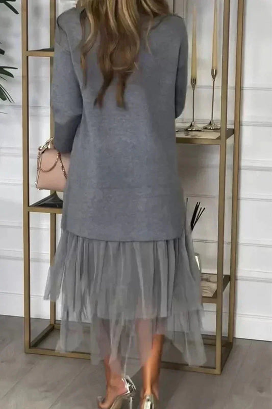 Casual Dress With Long Sleeves And Mesh Skirt – Ysolde