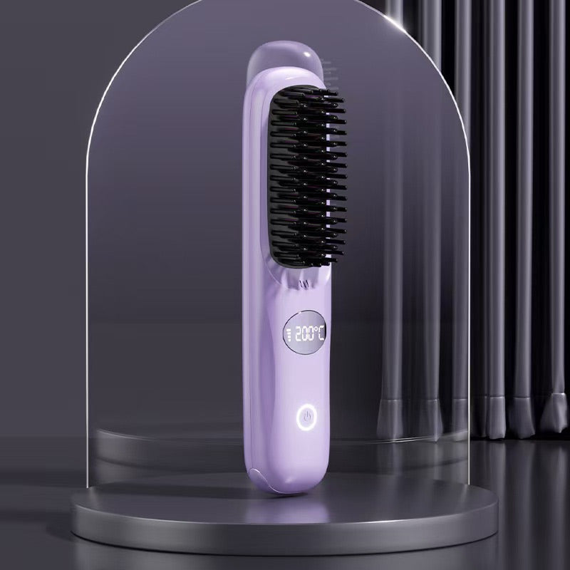 Lilac brush with black bristles standing on a round plinth inside a clear glass dome, with a round touch power button. 13