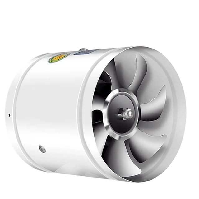 White cylindrical inline fan angled to show its curved metallic blades, on a plain background 8