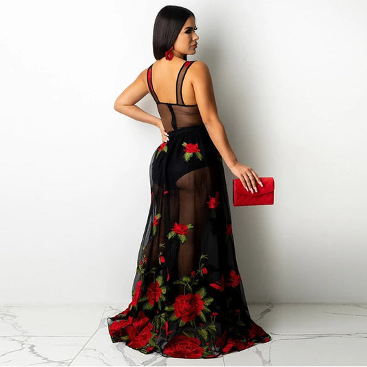 Maxi dress with floral embroidery and spaghetti straps – Rosalie