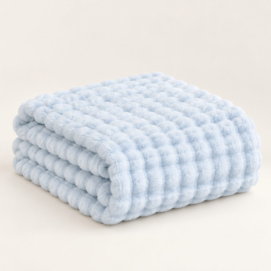 Light blue plush blanket folded in layers, showing its fine fluffy bubble texture against a plain background 17