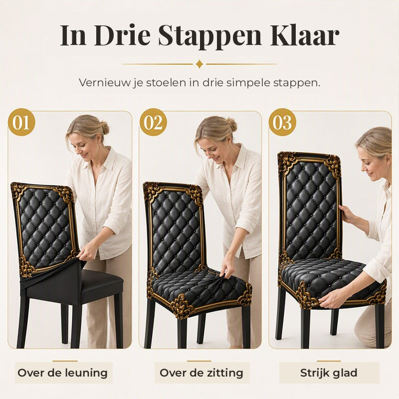 Three-step sequence of a woman pulling the black and gold cover over a chair back, then the seat, then smoothing it. 8