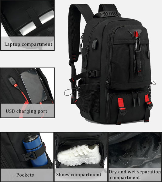 60L waterproof travel laptop rucksack with USB port and shoe compartment