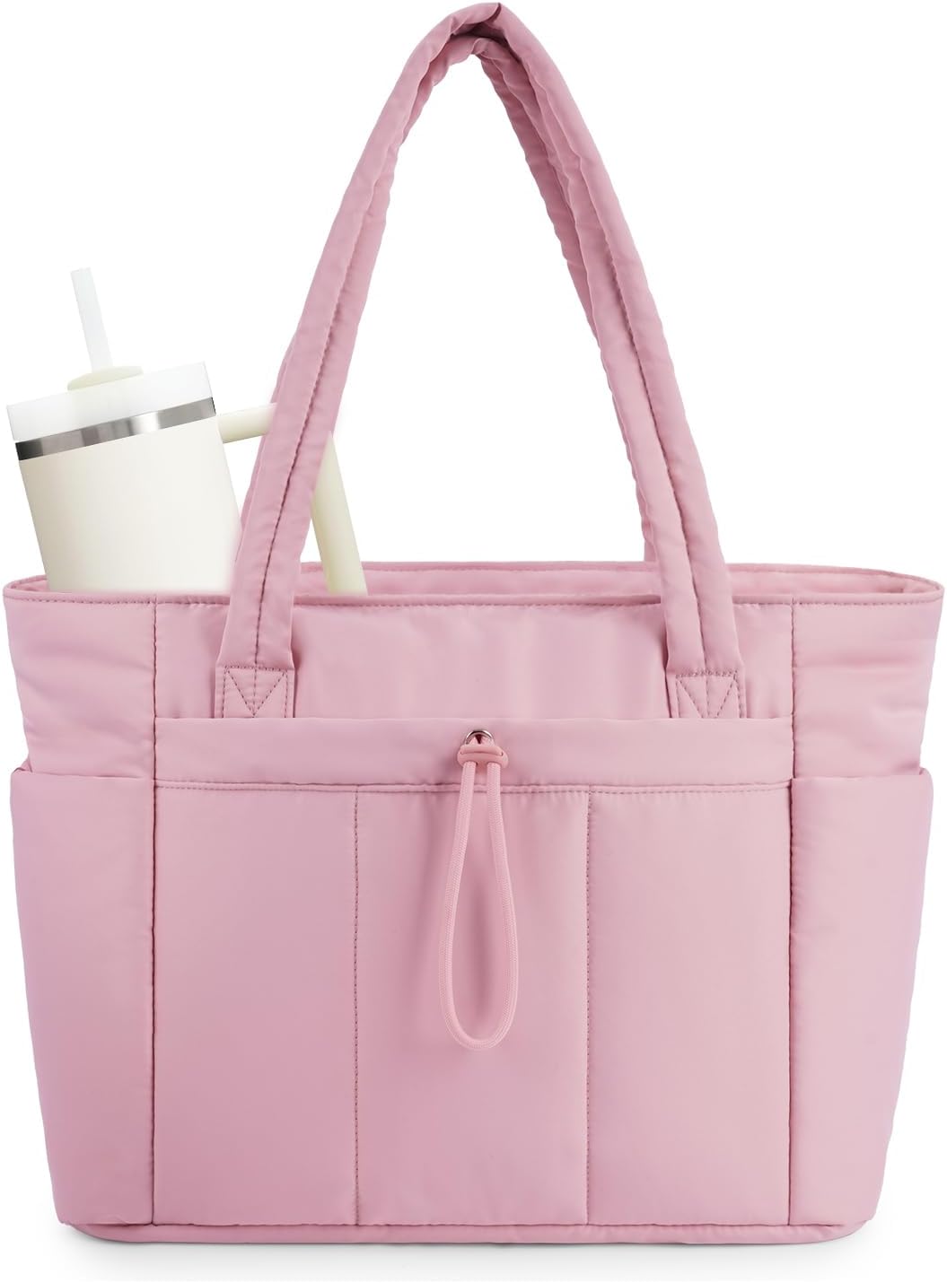 Padded puffer tote with cup holder and laptop compartment for travel and work