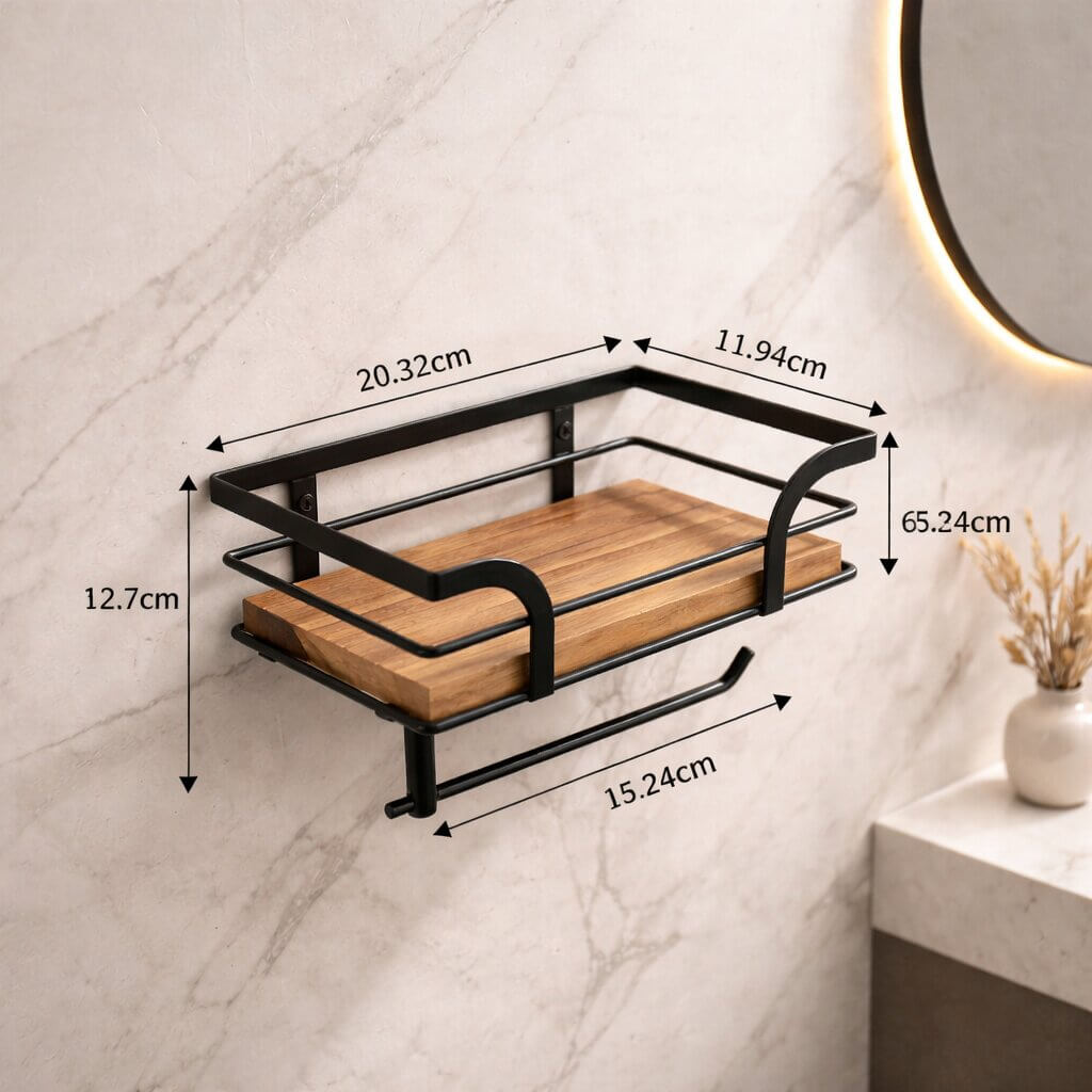 Empty black and wood holder against a marble wall, with arrows marking its width, depth, height and roll bar length. 6