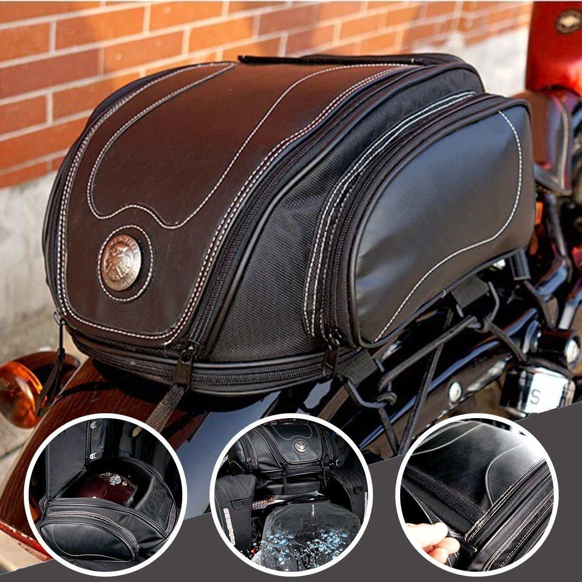 Waterproof motorbike tail bag with a fold-out storage compartment.
