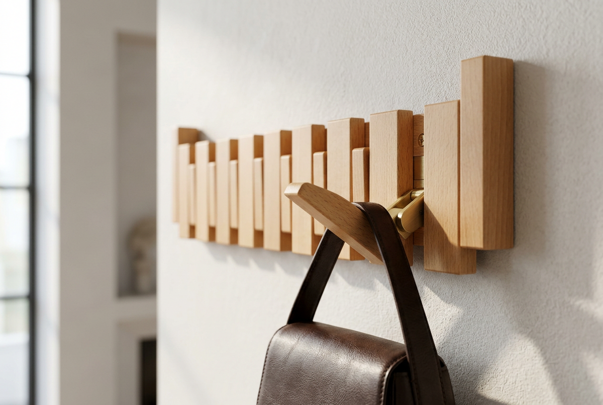 Close-up of light beech wall hanger with brass hinge detail and a brown leather satchel hanging from a hook 13