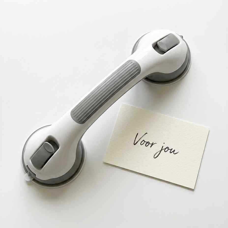 Flat lay of the white and grey grab bar lying on a white surface beside a small blank-style handwritten card. 19