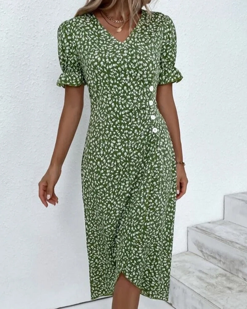 Autumnal button-front dress with V-neck & short sleeves – Luisa