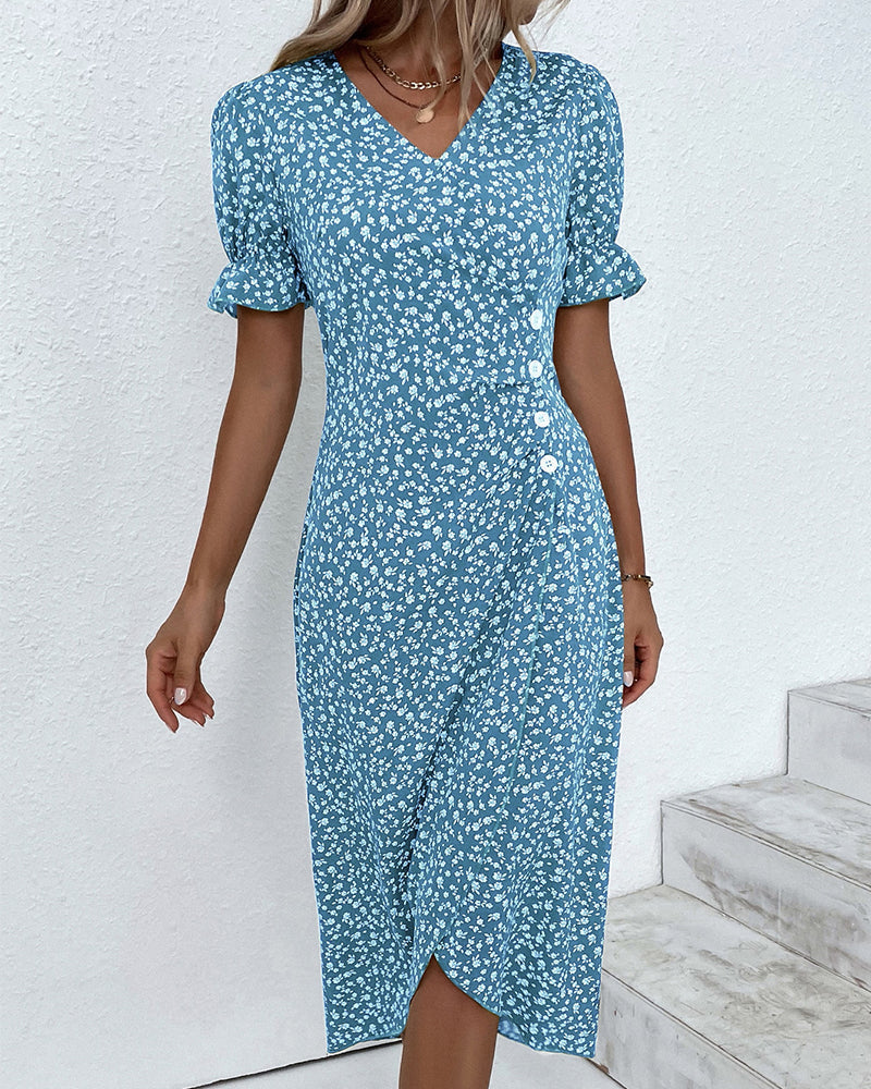 Autumnal button-front dress with V-neck & short sleeves – Luisa