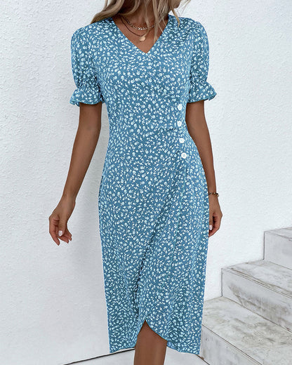 Autumnal button-front dress with V-neck & short sleeves – Luisa