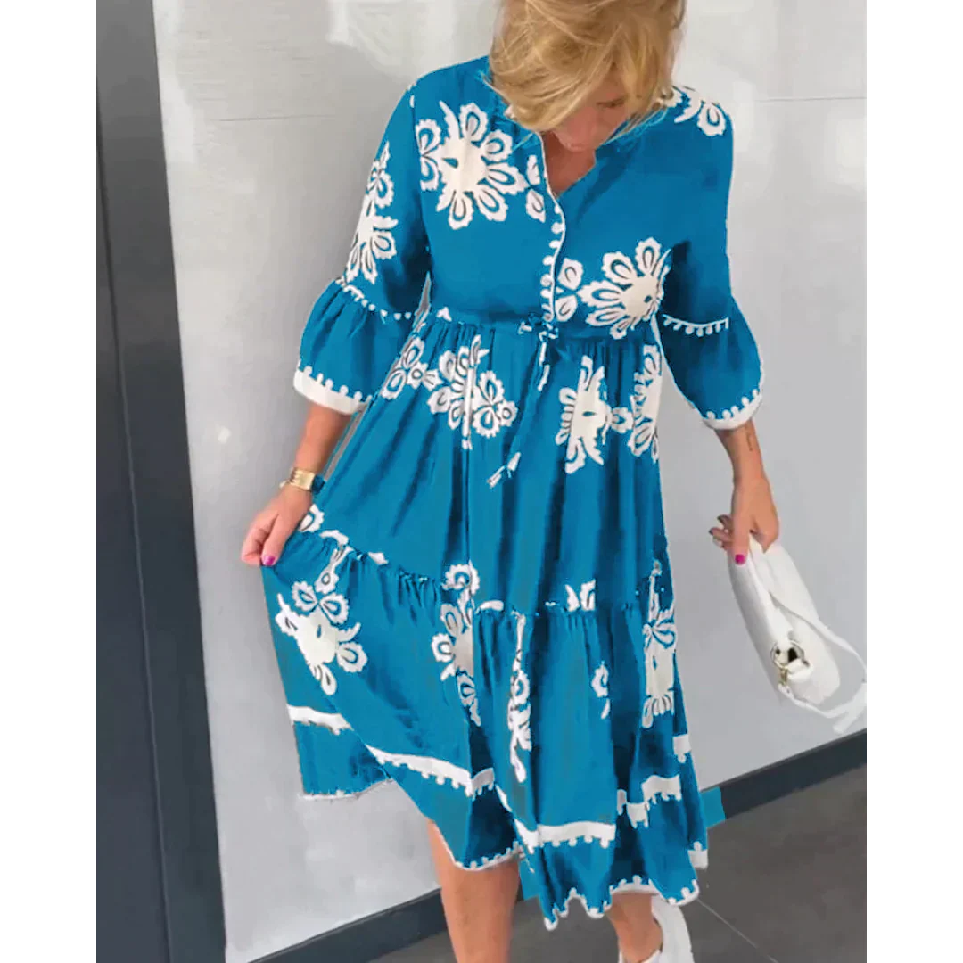 Trendy autumn dress with floral print and three-quarter sleeves – Elin