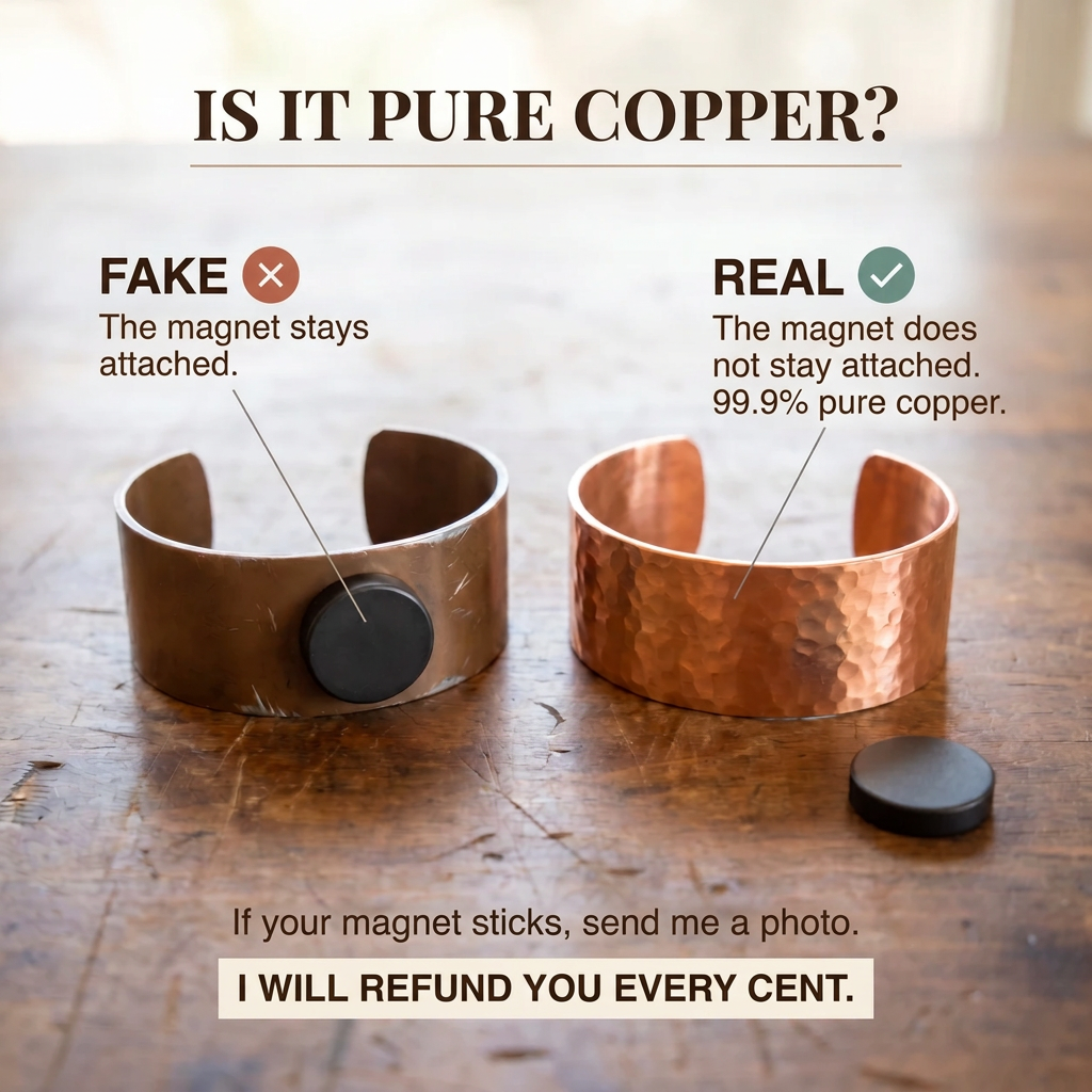 Comparison graphic of two copper cuffs on a wooden table, one with a magnet stuck to it and one without. 4
