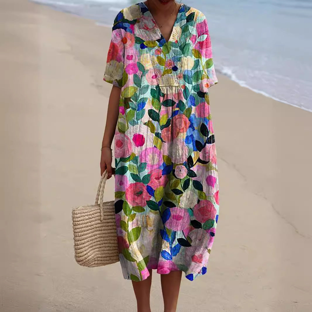 Lightweight summer floral dress with V-neck & comfort fit – Talia