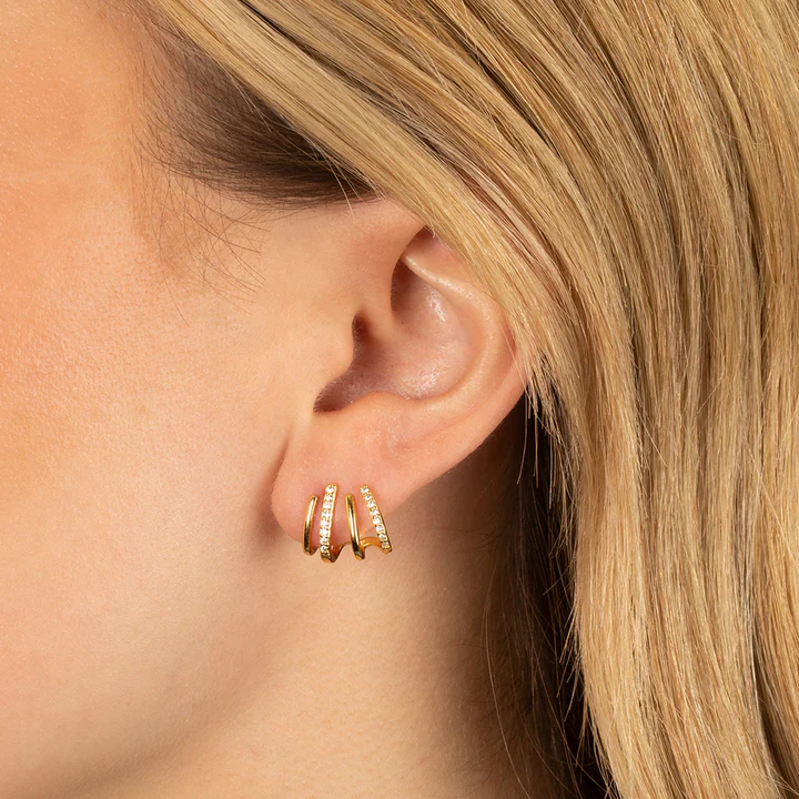 Gold claw earring with alternating plain and sparkling bands worn by a blonde model, shown in profile 4