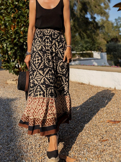Printed Boho maxi skirt with a flowing cut & fringes – Yalina